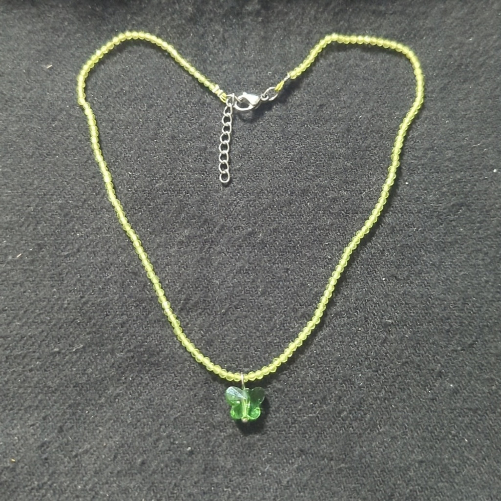 Silver Tone Pastel Light Green Beaded Crystal Butterfly Dainty Pendant Necklace